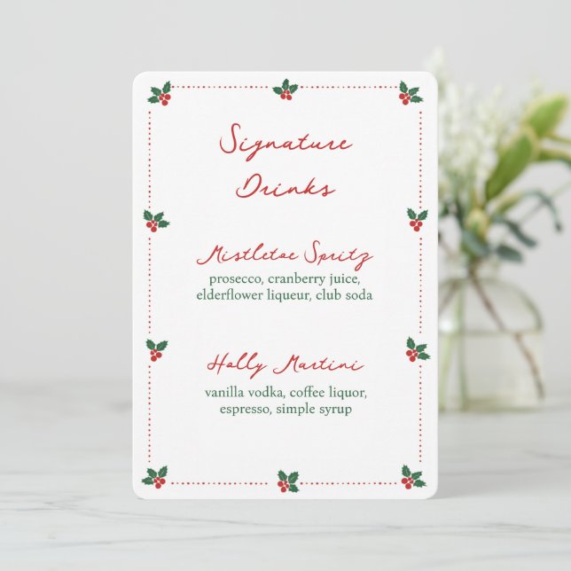 Minimalist Christmas Holly Signature Drinks Sign (Standing Front)