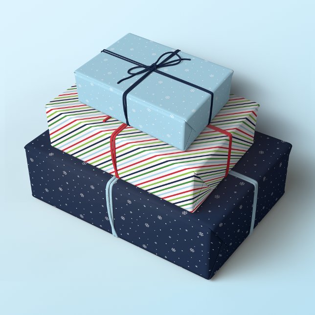 Minimalist Christmas Patterns, Red, Green and Blue Wrapping Paper Sheet (Set of 3 Minimalist Christmas with stripes and snowflakes in red, green and blue)