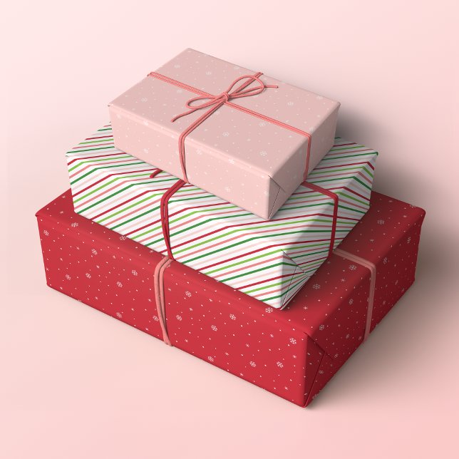 Minimalist Christmas Patterns, Red, Pink and Green Wrapping Paper Sheet (Set of 3 Minimalist Christmas with stripes and snowflakes in red, green and pink)