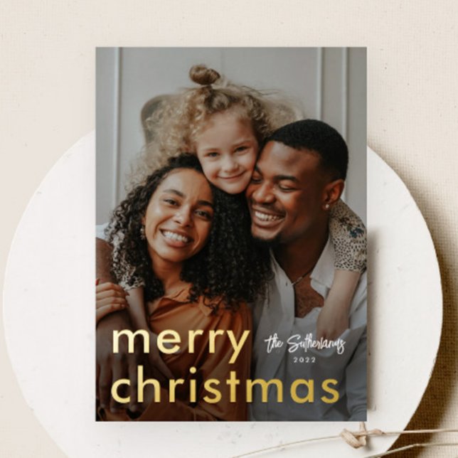 Minimalist Christmas Photo  (Modern typography merry christmas photo foil holiday card.)
