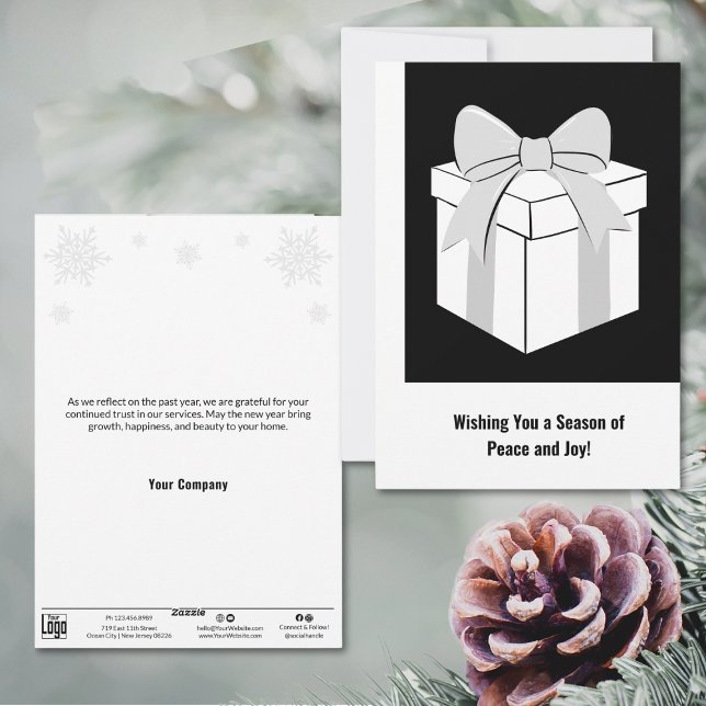 Minimalist Christmas Present Business Holiday Card (Minimalist Christmas Present Business Holiday Card in Black, White & Grey)