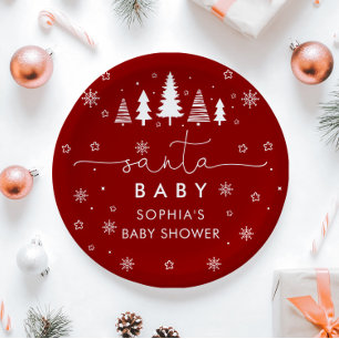 Minimalist Christmas Red Santa Baby Shower  Paper Plate
