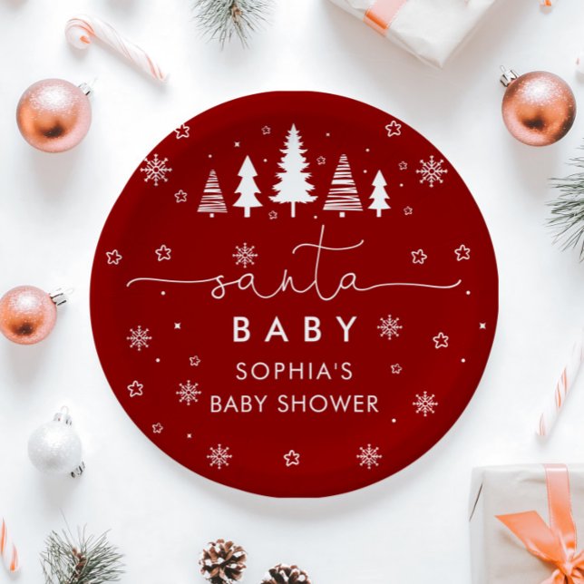 Minimalist Christmas Red Santa Baby Shower  Paper Plate (Creator Uploaded)
