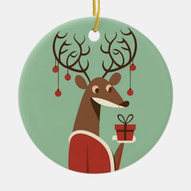 Minimalist Christmas reindeer gift present holiday Ceramic Tree Decoration (Front)