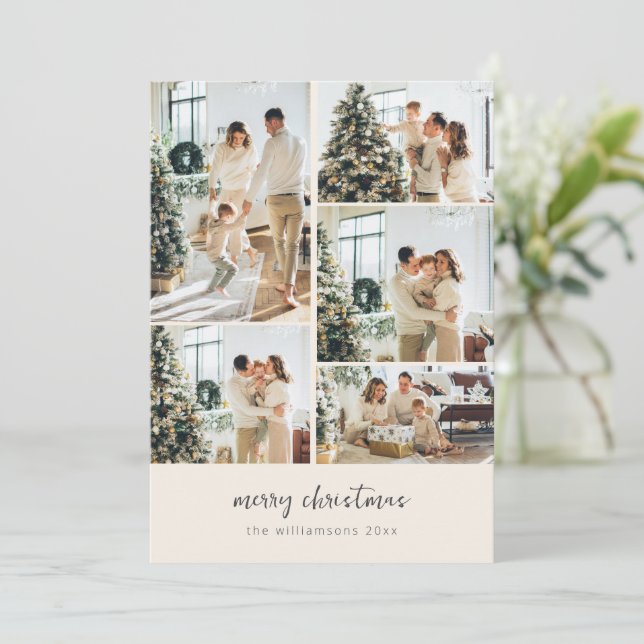 Minimalist Christmas Script 6 Photo Collage Ivory Holiday Card (Standing Front)