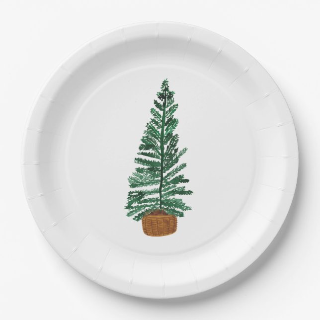 Minimalist Christmas tree watercolor paper plate (Front)
