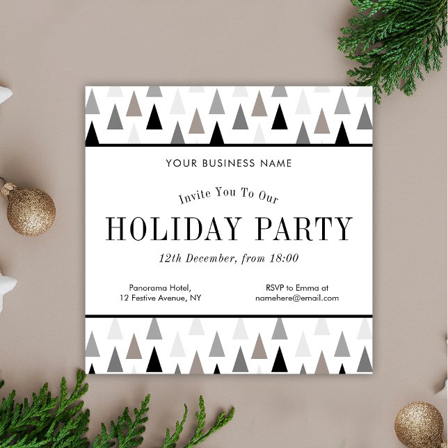 Minimalist Christmas Trees Holiday Party Business Invitation (Minimalist business Christmas party invitation design in grey and white with elegant serif fonts)