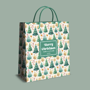Minimalist Christmas trees name gift bag red gold