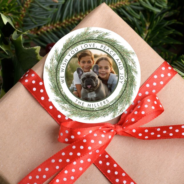 Minimalist Christmas Wreath Photo Modern Simple Classic Round Sticker (Minimalist Christmas Wreath Photo Modern Simple Classic Round Sticker)