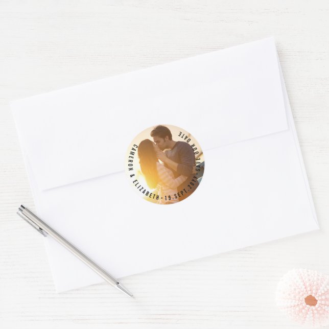 Minimalist Circle Text Simple Save The Date Photo Classic Round Sticker (Envelope)