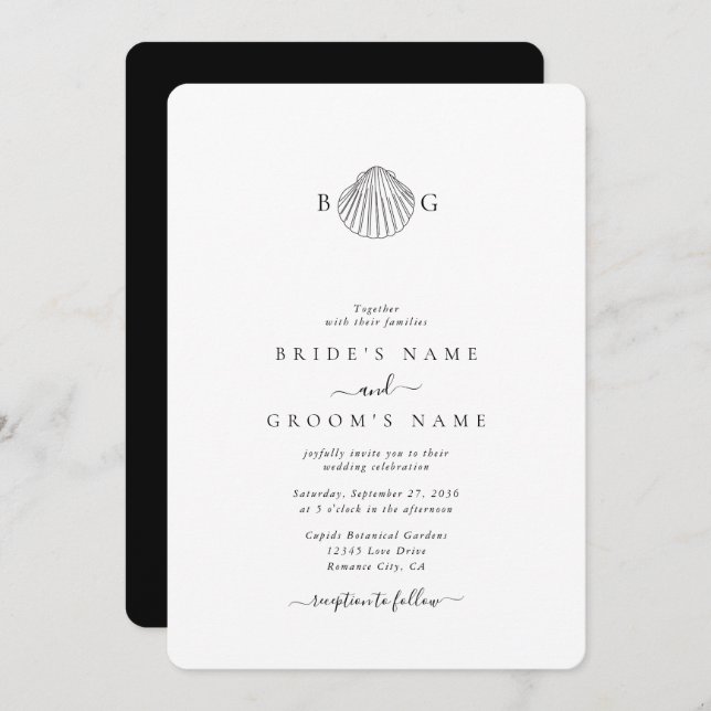 Minimalist Clam Seashell Monogram Wedding Invitation (Front/Back)