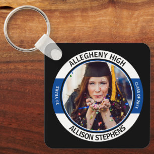 Minimalist Class Reunion Photo - Black Blue White Key Ring