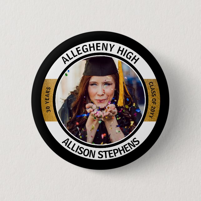 Minimalist Class Reunion Photo -Black Gold White 6 Cm Round Badge (Front)
