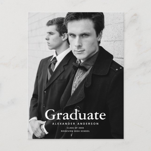 Minimalist Classic Black & White Photo Graduation Announcement Postcard (Front)