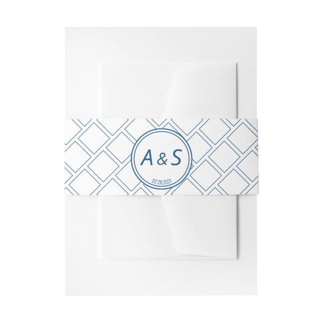 Minimalist Classic Blue White Initial Date Wedding Invitation Belly Band (Front Example)