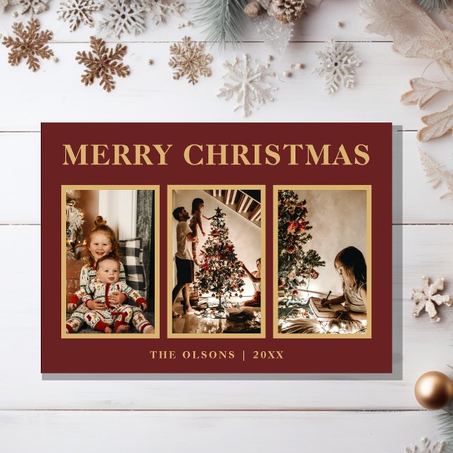 Minimalist Classic Christmas Red Three Photo Holiday Card (Creator Uploaded)