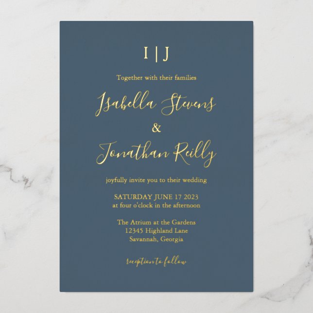 Minimalist Classic Dark Dusty Blue Wedding Gold (Front)