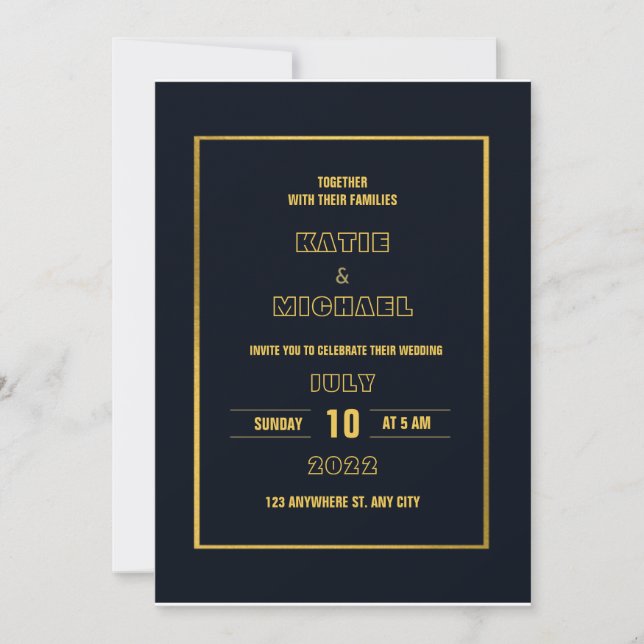 Minimalist classic dark Navy blue gold wedding Invitation (Front)