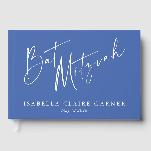 Minimalist Classic French Blue Custom Bat Mitzvah Guest Book (Front)