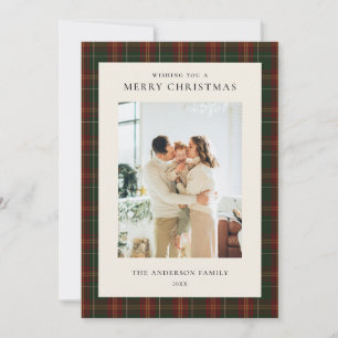 Minimalist Classic Green Plaid Christmas Photo Holiday Card
