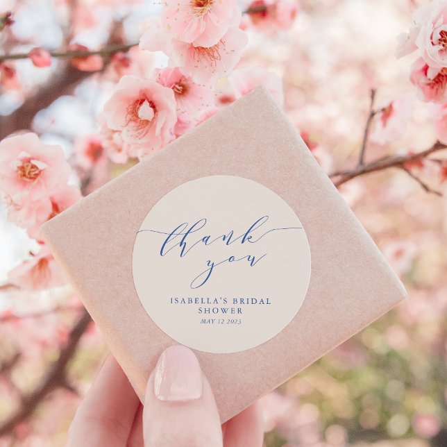 Minimalist Classic Ivory Blue Bridal Shower Thanks Classic Round Sticker (Creator Uploaded)