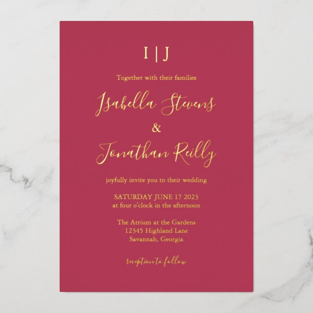 Minimalist Classic Magenta Red Wedding Gold Fo (Front)