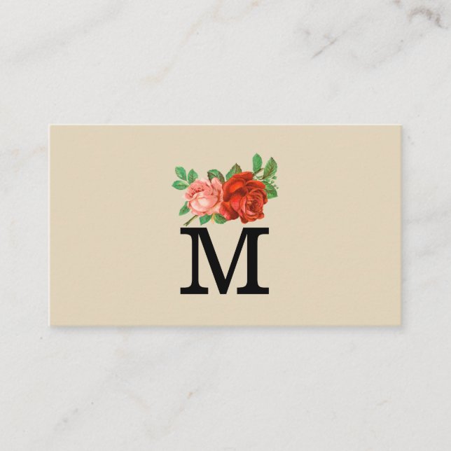 Minimalist Classic Monogram with Roses Business Card (Front)