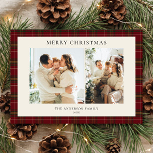 Minimalist Classic Red Plaid Christmas 2 Photo Holiday Card