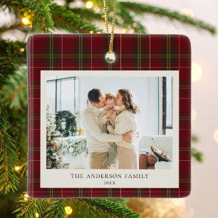 Minimalist Classic Red Plaid Christmas Photo Ceramic Ornament