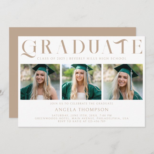 Minimalist Classic Typography 3 Photo Graduation Invitation (Front/Back)