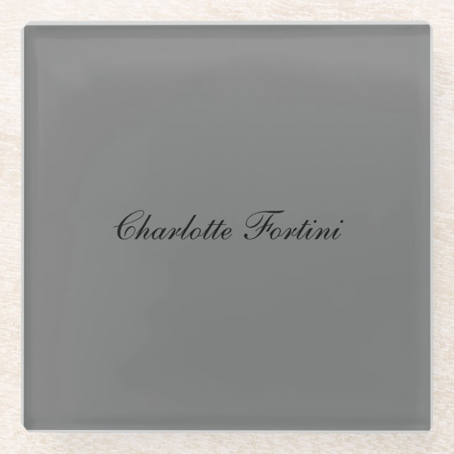 Minimalist Classical Handwriting Script Name Grey Glass Coaster (Front)