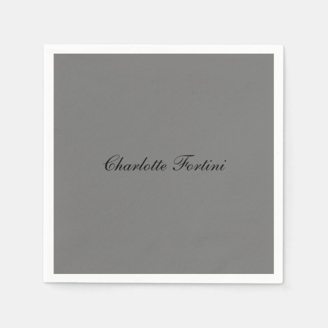 Minimalist Classical Handwriting Script Name Grey Napkin (Front)