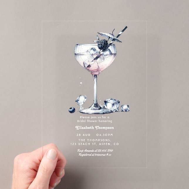 Minimalist Clear Gin Cocktail Bridal Shower Acrylic Invitations (Insitu (Handheld))