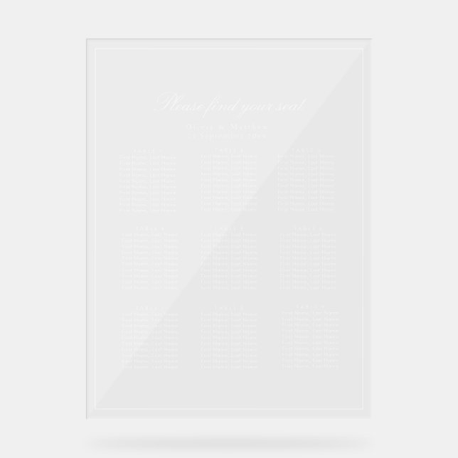 Minimalist Clear Seating Chart White Text (Front)
