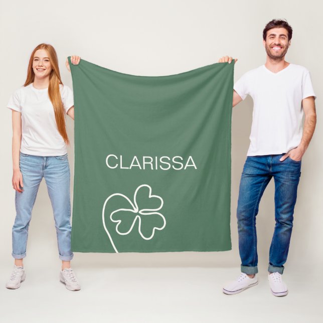 Minimalist Clover Leaf Line Drawing Green Custom  Fleece Blanket (In Situ)