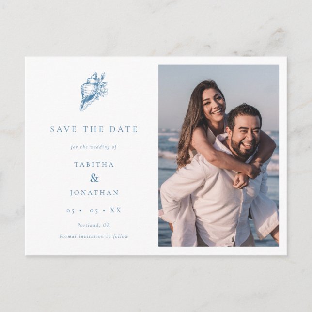 Minimalist Coastal  Floral Seashell Photo Wedding Announcement Postcard (Front)