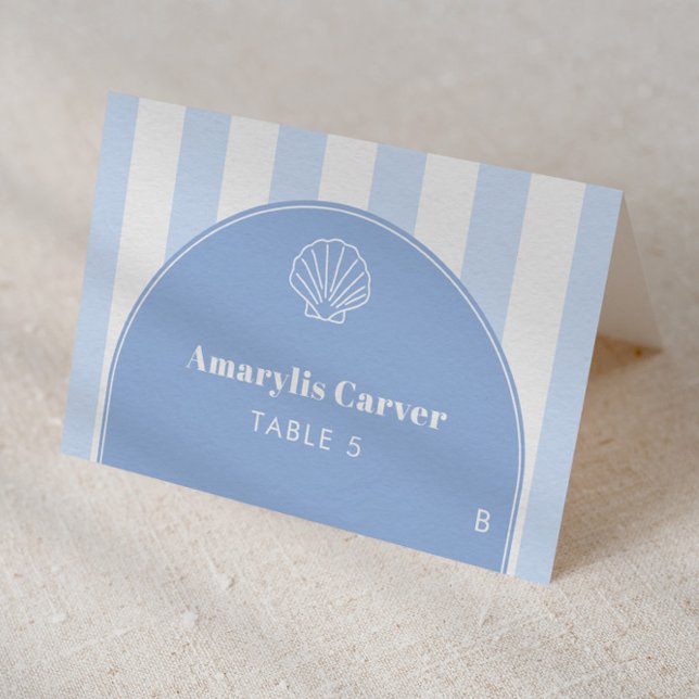 Minimalist Coastal Wedding Individual Place Cards (Coastal inspired blue and white individual place card design)