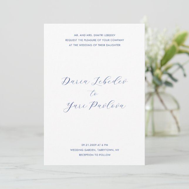 Minimalist Cobalt Blue Modern Wedding Invitation (Standing Front)
