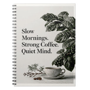 Minimalist Coffee Quote with Cup, Plant, and Text Notebook