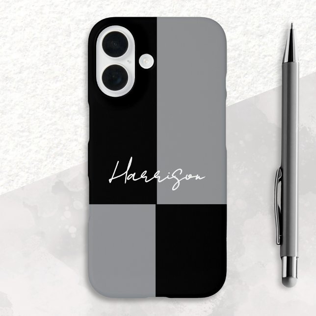 Minimalist Colour Block Grey Black Custom Name Case-Mate iPhone Case (A phone case with black and gray color block design, with custom name in white script typography)