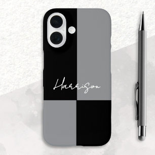 Minimalist Colour Block Grey Black Custom Name iPhone 16 Case