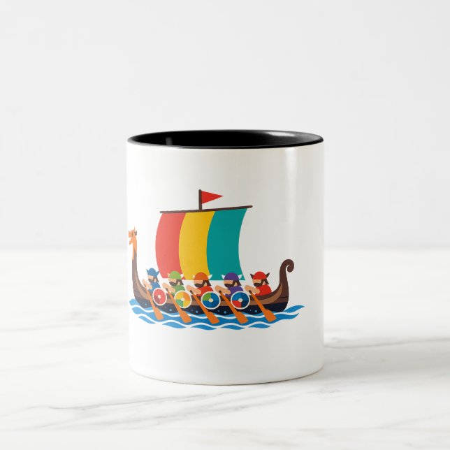 Minimalist Colourful Viking Longboat Rowing on Blu Two-Tone Coffee Mug (Center)