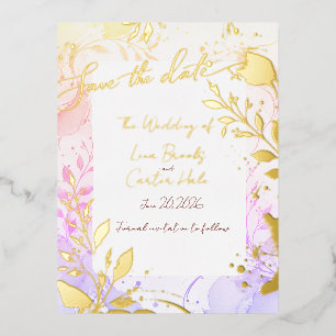 Minimalist Colourful Watercolor Foil Save the Date Invitation Postcard