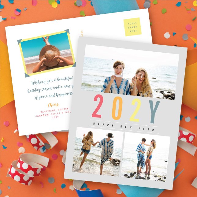 Minimalist Colourful Year Simple 3 Photo Modern Holiday Postcard (Minimalist Colorful Year Simple 3 Photo Modern Holiday Postcard @ fat_fa_tin)