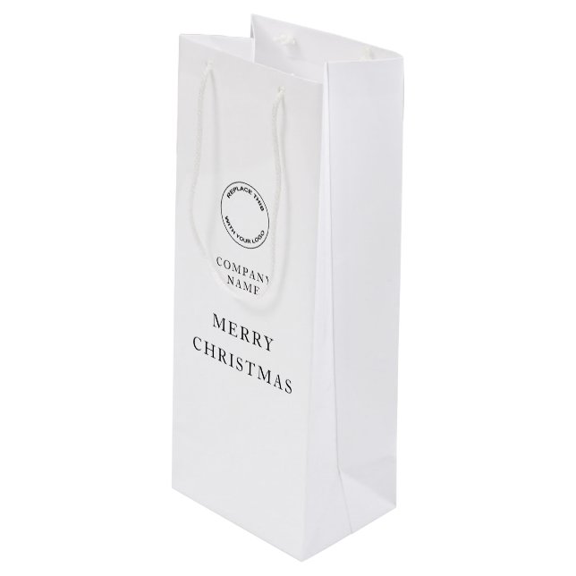 Minimalist Company Logo Name Merry Christmas White Wine Gift Bag (Front Angled)