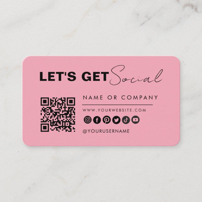 Minimalist Connect With Us Qr Code Trendy Pink Business Card (Front)