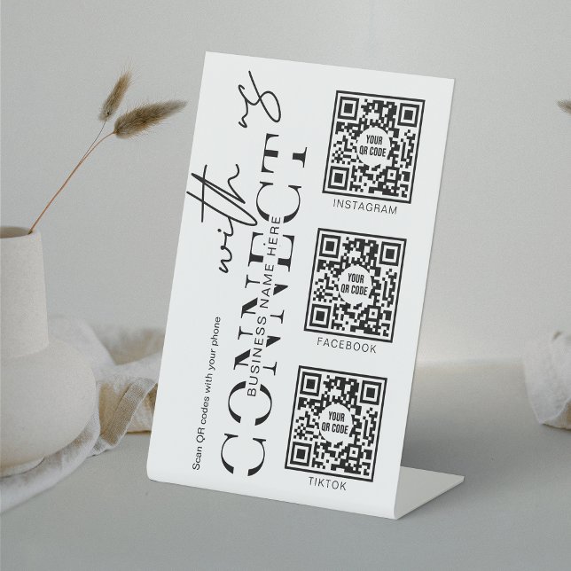 Minimalist Connect With Us Social Media 3 QR Codes Pedestal Sign (Connect with your clients with this minimalist 3 QR code social media pedestal sign)