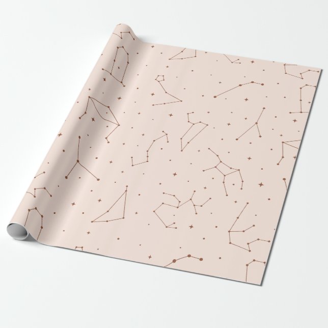 Minimalist Constellation Pattern in Pink & Brown Wrapping Paper (Unrolled)