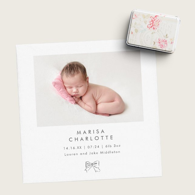 Minimalist Coquette Bow Photo Baby Girl Birth Announcement (Creator Uploaded)
