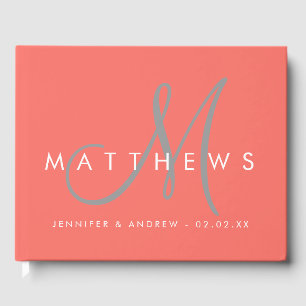 Minimalist Coral Modern Grey Monogram Wedding Guest Book